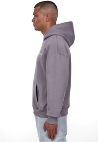 Light gray hoodie made of cotton blend, featuring a kangaroo pocket, ribbed cuffs, and hem, with a relaxed fit and adjustable hood.