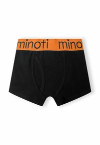 Boxeri din bumbac negri cu un brâu elastic portocaliu ce poartă cuvântul "minoti" scris cu litere negre. Design simplu, cu deschidere frontală.