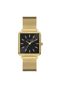 Quadratische goldene Uhr mit schwarzem Zifferblatt, goldenen Stundenmarkierungen und Mesh-Armband. Markenname auf dem Zifferblatt angezeigt. Einfaches, modernes Design.