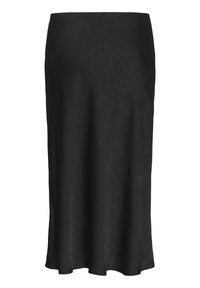 Jupe noire midi avec une texture lisse, un ourlet évasé et une taille élastique. Design simple sans motifs ni accents visibles.