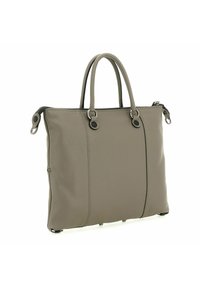 Grijze leren tote bag met twee handvaten, ritsluiting en ronde hardwareaccenten. Geweven afwerking met contrasterende kleur stiksel.