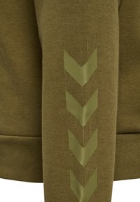 Olive green sweatshirt with textured fabric, featuring a diagonal chevron pattern in a matching green tone on the sleeve.
