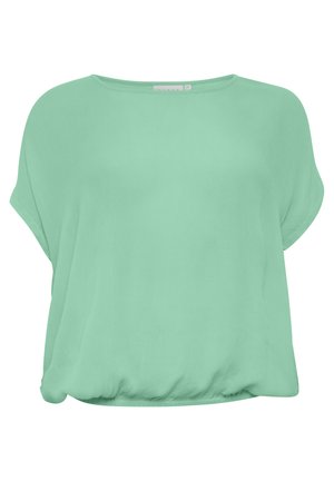 Mint green, loose-fitting blouse with a round neckline and short sleeves. Soft, lightweight fabric with a gathered hemline detail.