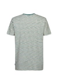 T-shirt rayé en ivoire et bleu sarcelle. Manches courtes, col rond, matière coton doux avec une texture lisse. Design simple, sans ornements.