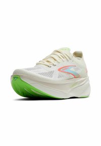 Running shoe featuring a lightweight white mesh upper, neon green midsole, and coral accents; streamlined shape with textured surface.