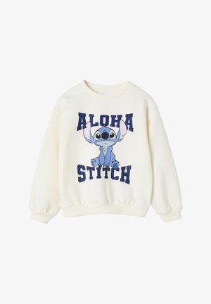 Weißer Sweatshirt mit Rundhalsausschnitt, versehen mit einer blauen Cartoonfigur und fett gedrucktem Marineblau-Text "ALOHA STITCH" auf der Vorderseite. Weicher Stoff, gerippte Bündchen.