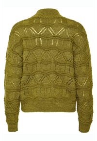 Olivgrüner Strickpullover mit einem strukturierten Muster aus geometrischen Formen und offenem Gewebe. Gerippter Halsausschnitt und Bündchen, kastige Passform.