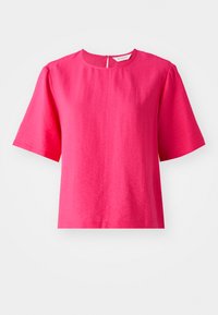 Pink short-sleeve top with a round neckline and a back closure. Made of lightweight fabric, featuring a textured surface and relaxed fit.