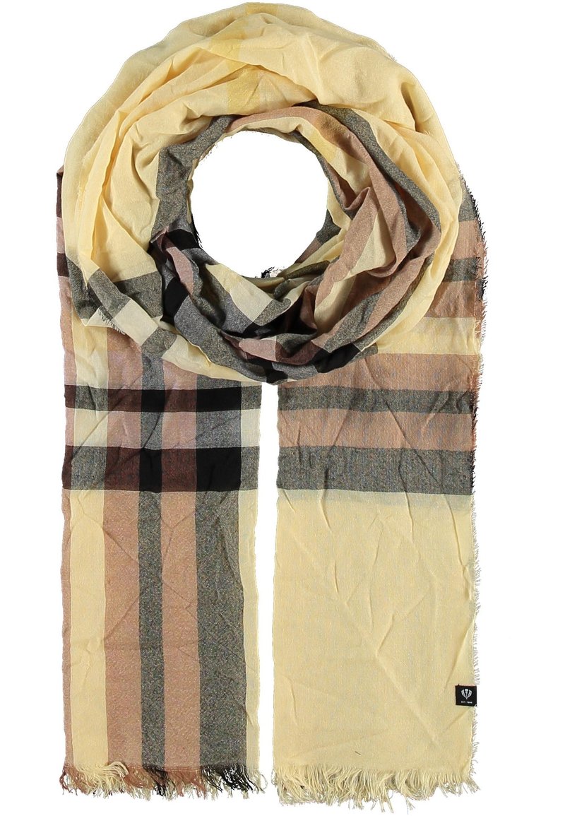 Bufanda beige a cuadros con tela suave y ligera; presenta colores apagados que incluyen marrón, gris y negro; bordes con flecos.