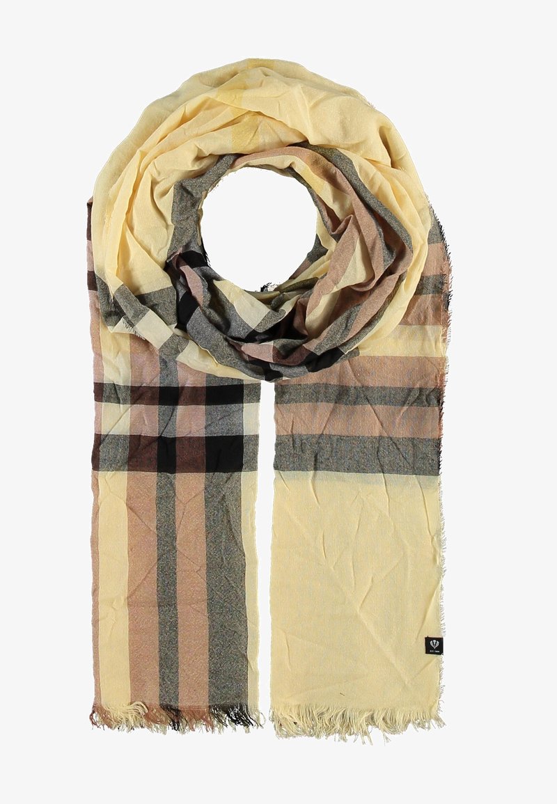 Bufanda beige a cuadros con tela suave y ligera; presenta colores apagados que incluyen marrón, gris y negro; bordes con flecos.