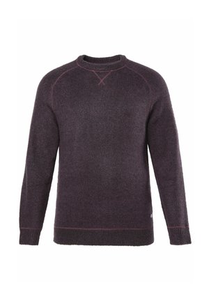 Maglione viola a maglia con collo rotondo e maniche raglan. Presenta cuciture a contrasto rosa sui bordi e polsini e orlo a coste.
