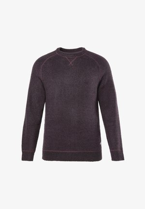 Fioletowy sweter wykonany na drutach z okrągłym dekoltem i rękawami raglanowymi. Posiada kontrastujące różowe przeszycia na szwach oraz ściągacze przy mankietach i u dołu.