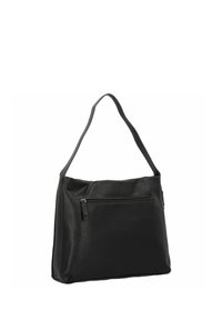Borsa a tracolla nera in pelle con una sola tracolla, forma rettangolare, superficie liscia e tasca frontale con zip per una maggiore funzionalità.