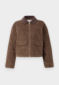 Bruine corduroy cropped jacket met een rits aan de voorkant, twee borstzakken en een bruinen corduroy kraag. Gestructureerde stof met een geribbeld patroon.
