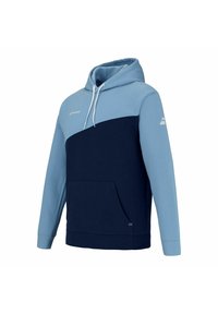 Felpa con cappuccio dal design bicolore; parte superiore azzurra chiara e parte inferiore blu scuro. Presenta una tasca frontale e un cordino bianco.