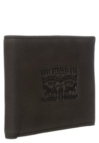 Sort læderpung med præget Levi Strauss & Co. logo, tekstureret overflade og pænt syede kanter. Kompakt og rektangulært design.