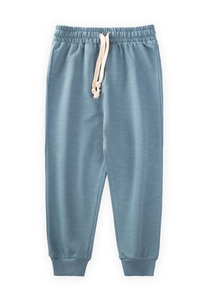Pantalons de jogging bleu clair avec une taille élastique, des détails de cordon de serrage et des poignets côtelés. Tissu doux avec une texture lisse.