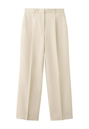Beige wijde broek met hoge taille, riemlussen en voorzakken aan de zijkant, gemaakt van een gestructureerde stof.