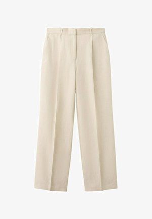 Pantalones anchos de tiro alto color beige con trabillas para cinturón y bolsillos laterales delanteros, hechos de tela texturizada.