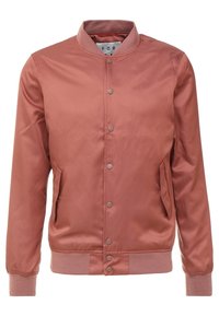 Rust-colored bomber jacket with snap buttons, ribbed collar, cuffs, and hem, and front angled pockets.