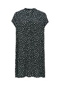 Schwarzes Kleid mit kurzen Ärmeln, das eine geknöpfte Leiste und ein Muster aus großen weißen Punkten aufweist. Leichter, fließender Stoff.