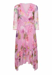 Kukallinen kietaisumekko vaaleanpunaisena, kevyt kangas. Varustettu kolmanneksen pituisilla hihoilla, v-kaula-aukolla ja lentävällä, epäsymmetrisellä helmalla.