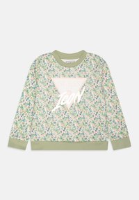 Langærmet sweatshirt med blomsterprint, ribbet krave, manchetter og nederkant; stort lyserødt "Guess Icon" logo i midten foran.