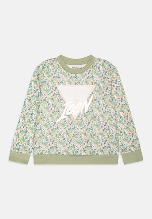 Sweatshirt à manches longues avec imprimé floral, col, poignets et ourlet côtelés ; grand logo "Guess Icon" rose clair au centre de l'avant.