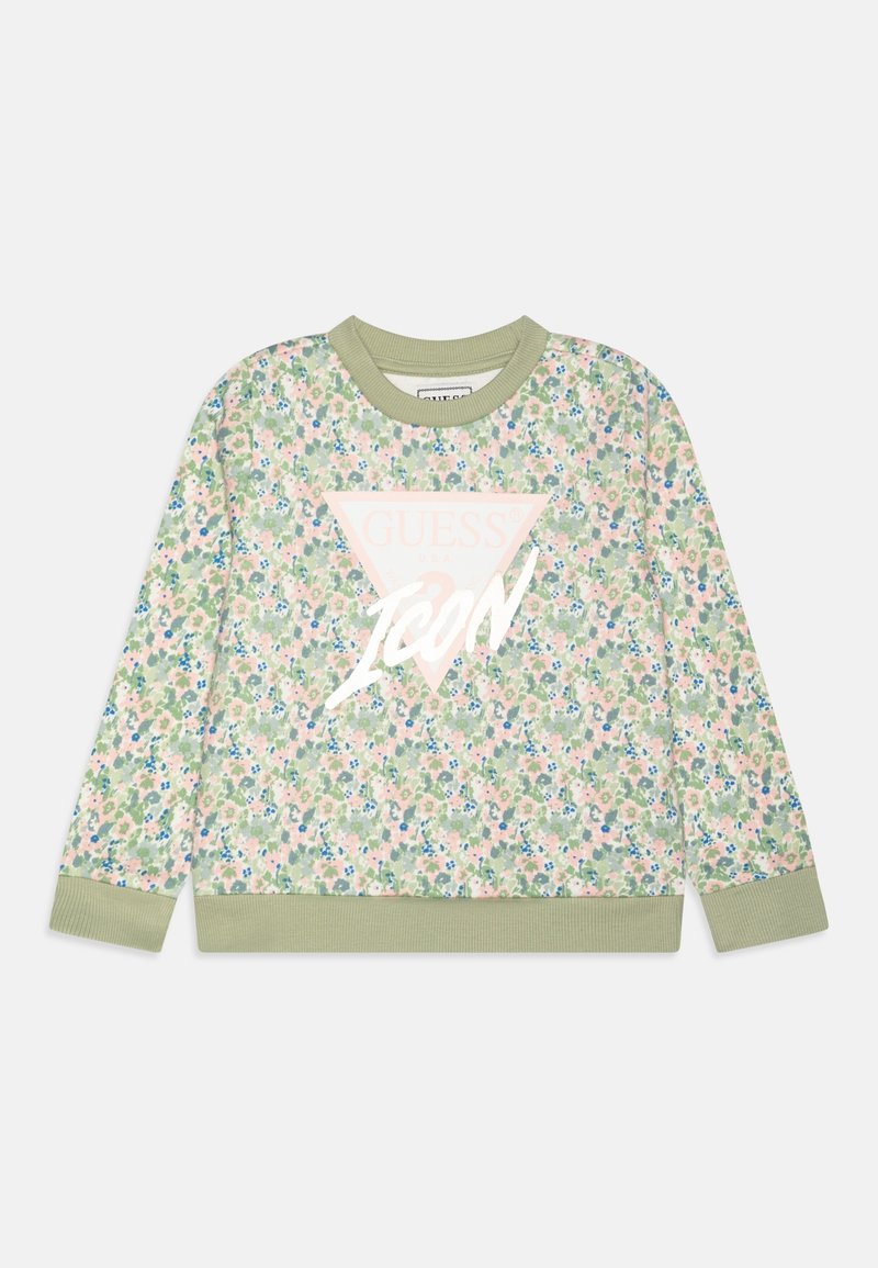 Langærmet sweatshirt med blomsterprint, ribbet krave, manchetter og nederkant; stort lyserødt "Guess Icon" logo i midten foran.