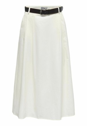 Jupe midi blanche à plis avec une ceinture noire à la taille, comportant une discrète étiquette de marque à l'intérieur de la ceinture.