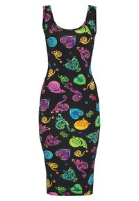 Czarna sukienka bez rękawów z kolorowymi wirami, sercami i okrągłymi wzorami. Wykonana z elastycznego materiału, dopasowany krój.