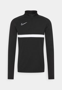 Black long-sleeve athletic top with a half-zip collar, featuring a white horizontal stripe across the chest and a small white logo on the left.