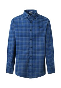 Camicia a quadri blu con bottoni, colletto, maniche lunghe e bottoni neri. Presenta un motivo a scacchi con accenni di verde.