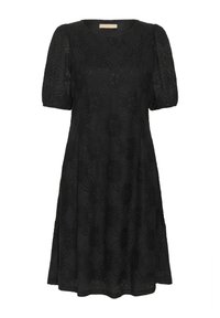 Abito nero a maniche corte con texture in pizzo floreale e silhouette svasata. Lo scollo rotondo e le maniche leggermente a sbuffo aggiungono un tocco di delicatezza.
