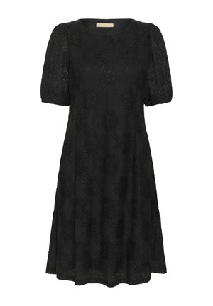 Kurzes schwarzes Kleid mit floralem Spitzendesign und ausgestelltem Schnitt. Der runde Ausschnitt und die leicht puffartigen Ärmel verleihen subtile Details.