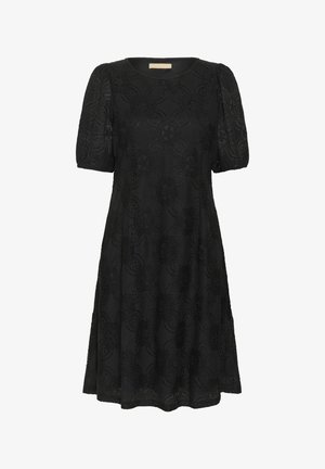 Lühikeste varrukatega must kleit, millel on lilleline pitskude ja flared siluett. Ümmargune kaelus ja natuke puhvvarrukad lisavad peenelt detaile.