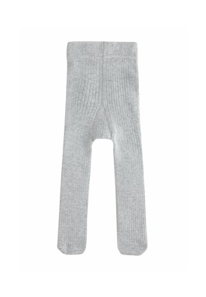 Lysegrå ribstrikkede babytights med fod, vist fladt på en hvid baggrund.
