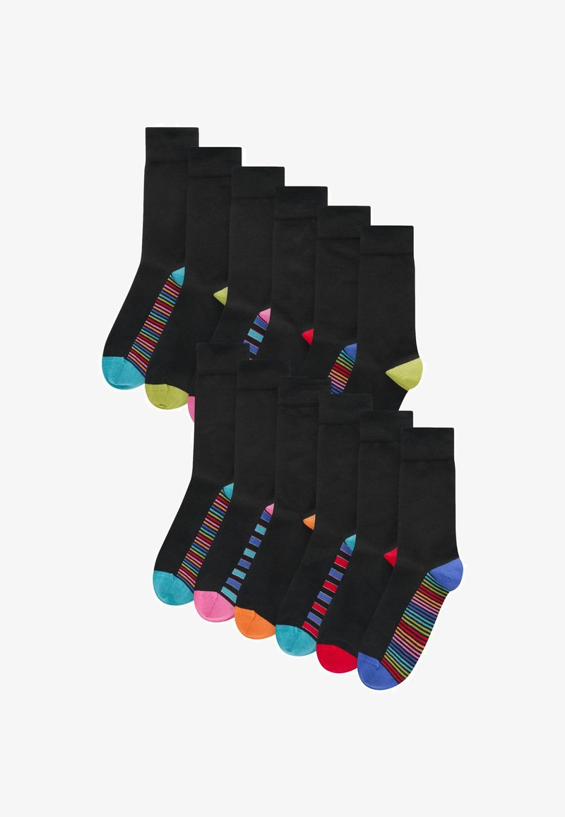 Set of 12 black socks with various colorful toe and heel accents. Some feature a striped pattern on the side. Cotton blend material.
