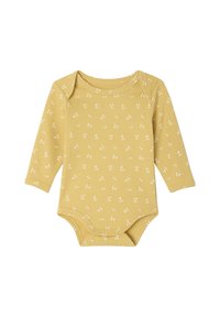 Senfgelbes Langarm-Body mit weißem Blumenmuster. Mit Druckknöpfen im Schritt und rundem Halsausschnitt. Weiche Stoffstruktur.