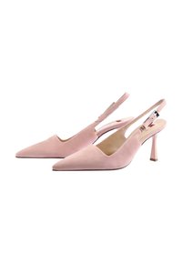 Rosa mocka slingback-klackar med spetsiga tår och en slank design. Har en smal klack och urfrästa sidor för ventilation.