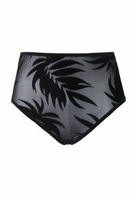 Hohe Bikinihose aus durchsichtigem schwarzem Netz mit einem Blättermuster, ausgestattet mit einem einfarbigen schwarzen Bund und einer glatten Textur.