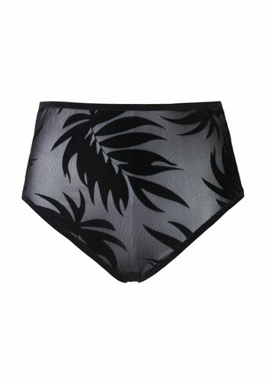 Bikini bottom high-waisted in rete nera trasparente con motivo a foglie, dotato di una vita nera uniforme e una texture liscia.