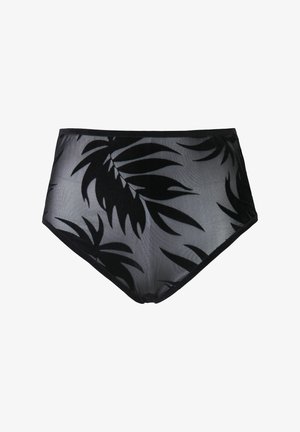 High-waisted bikini bottom in sheer black mesh with a leaf pattern, featuring a solid black waistband and a smooth texture.