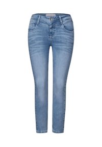 Jeans skinny de color azul claro, hechos de mezclilla, con una cintura de altura media, cinco bolsillos y un ligero desvanecimiento en las piernas.