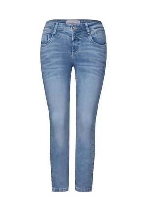 Jean skinny bleu clair en denim, avec une taille mi-haute, cinq poches et un léger dégradé sur les jambes.