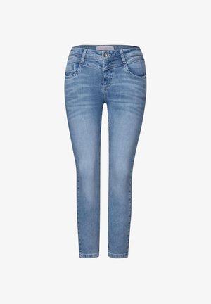 Helle blaue Skinny-Jeans aus Denim mit einer mittelhohen Taille, fünf Taschen und einer subtilen Ausblassung an den Beinen.