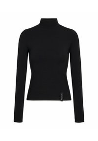 Zwarte langarm turtleneck top van rekbare stof, met een aansluitende vorm en een klein logo-label aan de onderzijde aan de linkerkant.