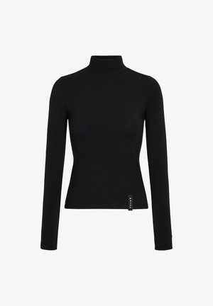 Schwarzes langärmliges Rollkragenoberteil aus Stretchstoff, mit figurbetontem Schnitt und kleinem Logo-Tag auf der unteren linken Seite.