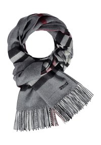 Écharpe en laine grise avec un motif à carreaux noir, blanc et rouge foncé et des bords à franges, pliée en boucle avec une petite étiquette de marque visible.
