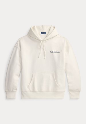 Felpa con cappuccio color crema con tasca a marsupio frontale, cappuccio con coulisse e logo ricamato sul petto a sinistra. Materiale in misto cotone, vestibilità comoda.